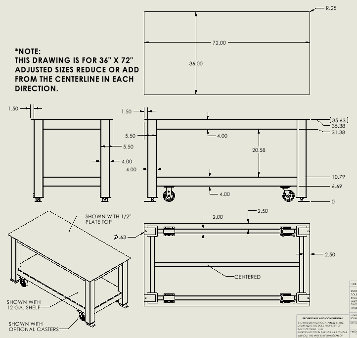 Heavy Duty thick steel top work table, 36" x 72"