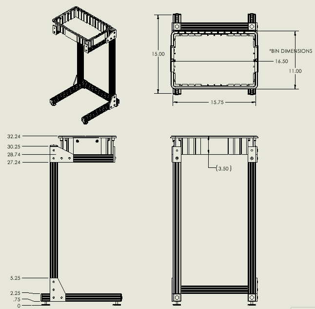 CNC parts catch accumulator rack with 16.5" x 11" bin x 33" high