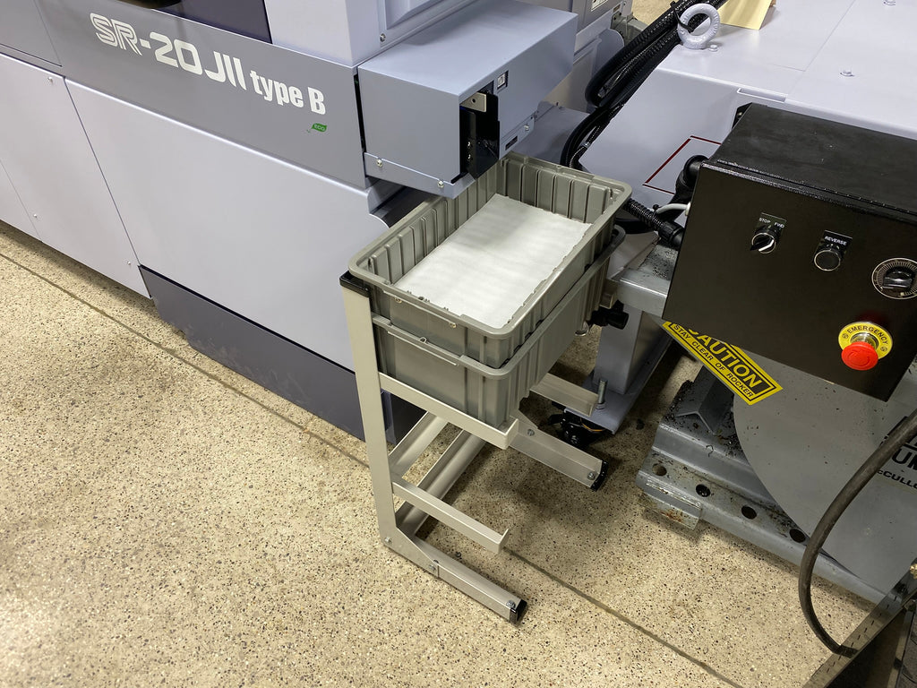 CNC parts catch accumulator rack with 16.5" x 11" bin x 33" high