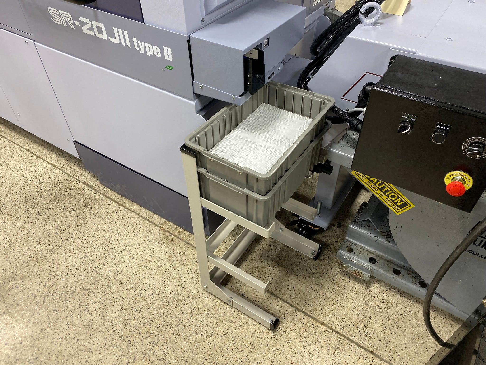 CNC parts catch accumulator rack with 16.5" x 11" bin x 33" high